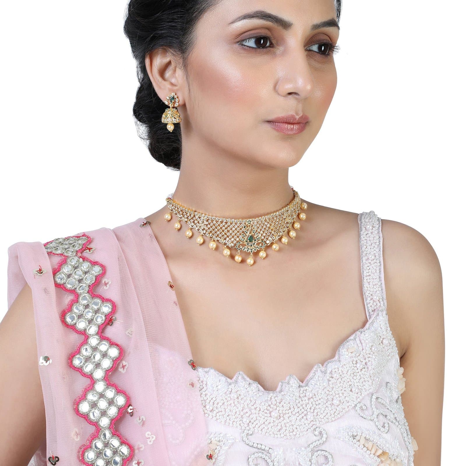 Women Estele Gold Plated CZ Traditional Bridal Choker Set with Pearls