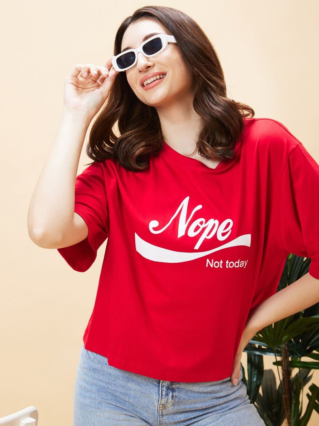 Women Red Drop Shoulder Graphic Printed Oversized Trendy Crop T-Shirt