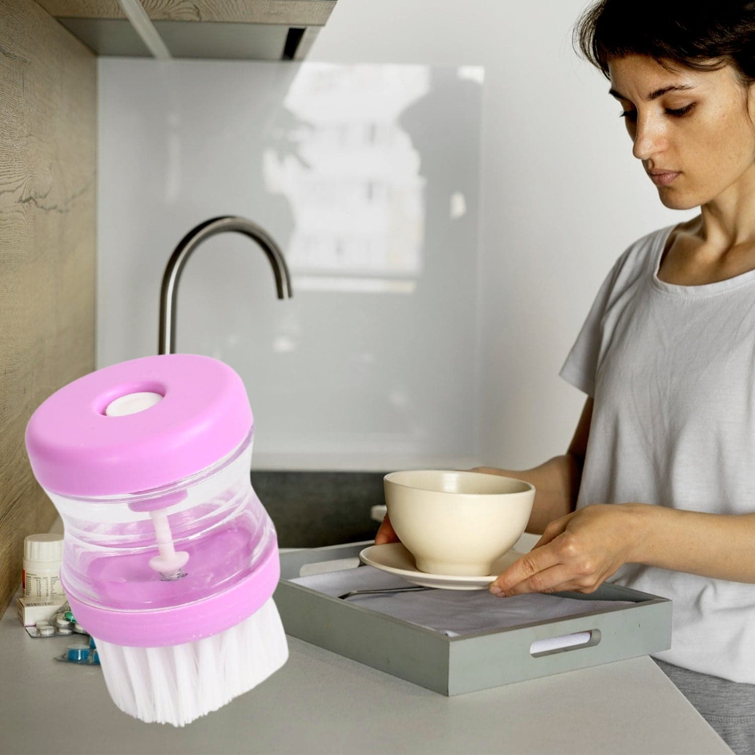 Plastic Wash Basin Brush Cleaner with Liquid Soap Dispenser (Multicolour) thumbnail 2