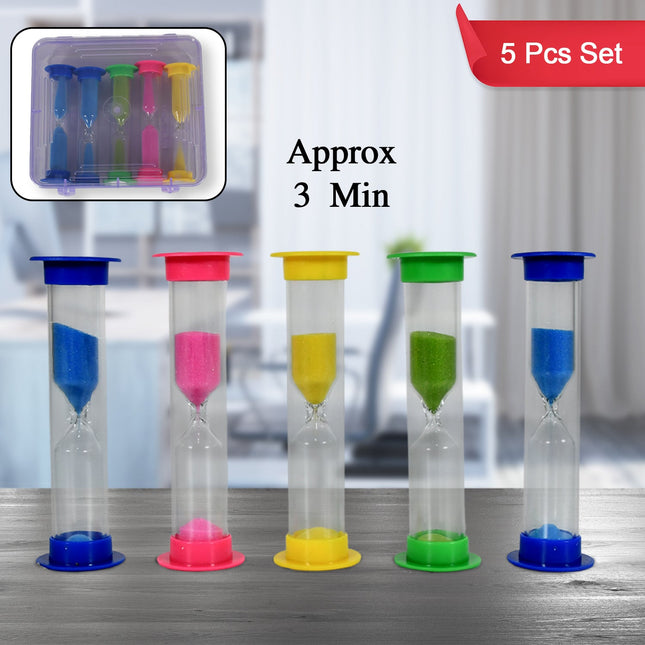 Plastic Hourglass Sand Timer Set â€“ 3-Min Sand Clock for Kitchen, Office, School & Kids (5 Pc)