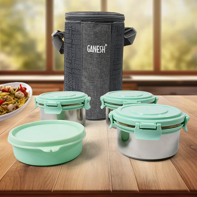 Ganesh 4In1Â Tiffin Box-Lunch Box | 3 Stainless Steel Containers 300 Ml Approx & Plastic Salad Container 200 Ml Approx| Plastic lid Box | Round Zip Bag | Leak Proof | Microwave SafeÂ for Office, College and School for Men, WomenÂ 