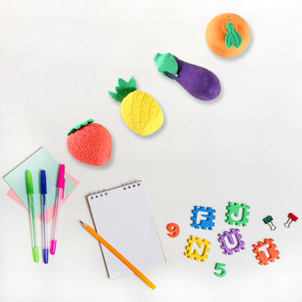 Mini Cute Veg & Fruit Erasers â€“ 3D Colorful Eraser Set for Kids (4 Pc)