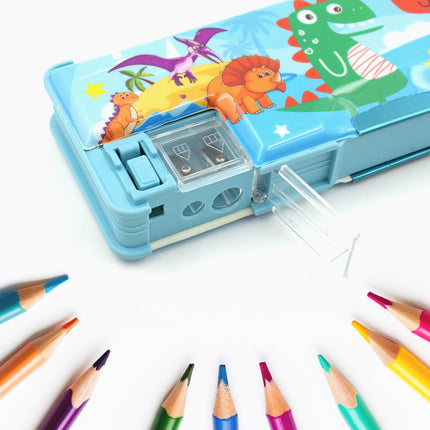 Plastic Multipurpose Compass Box â€“ Double Deck Pencil Case with 2 Compartments & Cartoon Organizer (1 Pc, Mix Design)