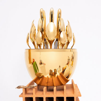 Premium Cutlery Set 24 Pcs with Oval Shaped Stand | Beautiful Stylish Oval Designed Cutlery Sets, Egg-Shaped Luxury Spoon Holder SetÂ  (Golden / 24 pcs set)