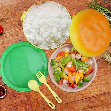 Burger Shape Lunch Box â€“ Double Layer 1000ml Food Container with 2 Spoons for Kids