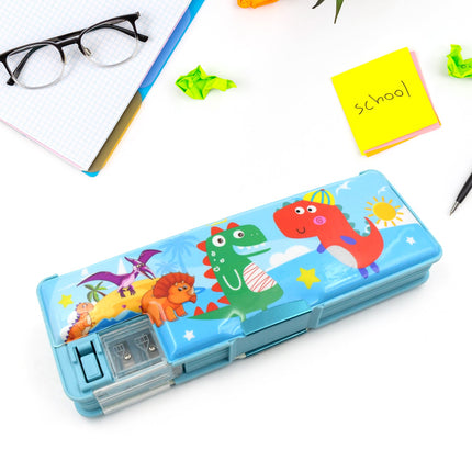 Plastic Multipurpose Compass Box â€“ Double Deck Pencil Case with 2 Compartments & Cartoon Organizer (1 Pc, Mix Design)
