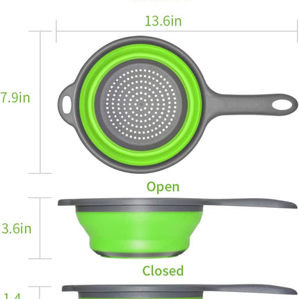 Red collapsible colander draining water from vegetables