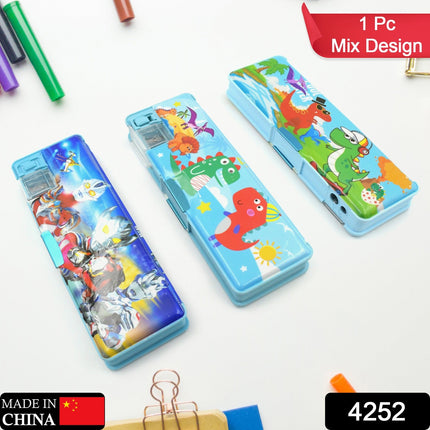 Plastic Multipurpose Compass Box â€“ Double Deck Pencil Case with 2 Compartments & Cartoon Organizer (1 Pc, Mix Design)