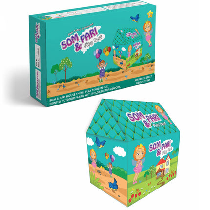 Kids' play tent in multicolor, set up with open entrance