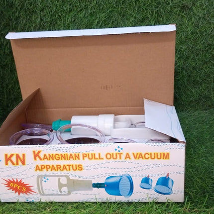 Six-piece vacuum cupping kit for massage therapy and muscle relief.