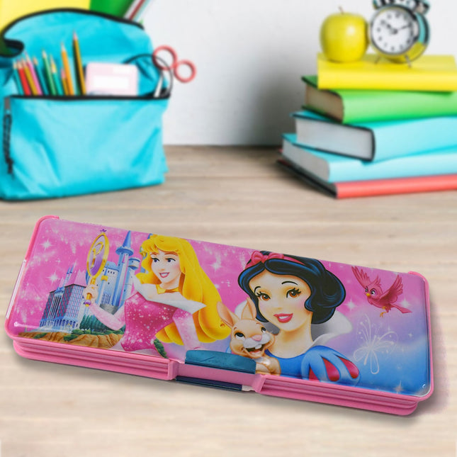 Plastic Multipurpose Compass Box â€“ Double Deck Pencil Case with 2 Compartments & Cartoon Organizer (1 Pc, Mix Design)