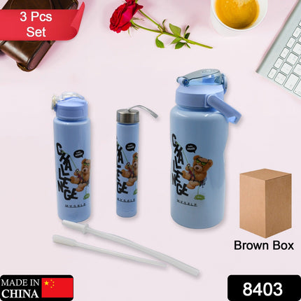 Plastic Water Bottle Set â€“ BPA-Free, Leak-Proof, Cartoon Design for Kids & Gym (3 Pc Set)