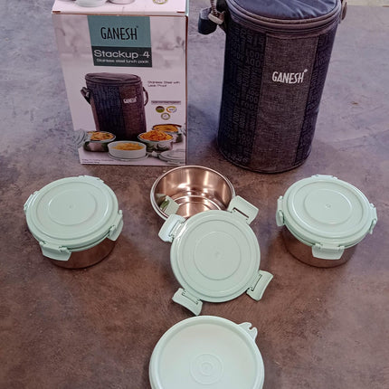 Ganesh 4In1Â Tiffin Box-Lunch Box | 3 Stainless Steel Containers 300 Ml Approx & Plastic Salad Container 200 Ml Approx| Plastic lid Box | Round Zip Bag | Leak Proof | Microwave SafeÂ for Office, College and School for Men, WomenÂ 