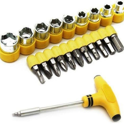 24 pcs T-shape screwdriver set with ratchet and sockets.