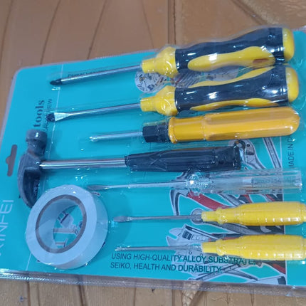 8 In 1 Hand Tool Kit, Steel And Plastic Hammer, Screwdriver & Tape