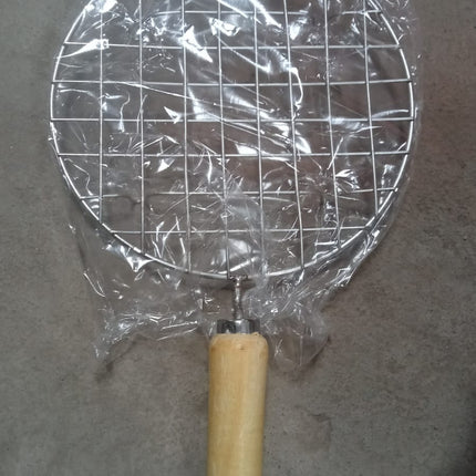 Barbecue grill with a round stainless steel design and wooden handle.