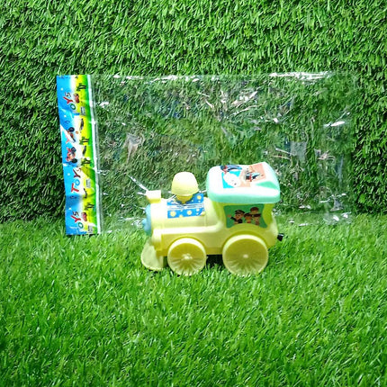 Colorful pull-rope train engine toy.