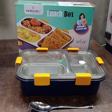 3 Compartment Transparent Stainless Steel Lunch Box for Kids