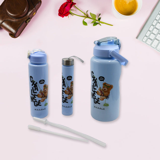 Plastic Water Bottle Set â€“ BPA-Free, Leak-Proof, Cartoon Design for Kids & Gym (3 Pc Set)