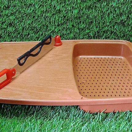 Sturdy chopping board with holder for kitchen use.