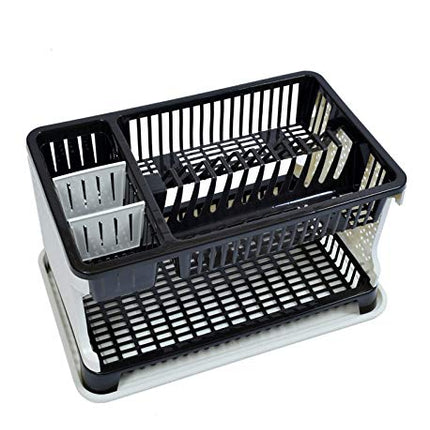 Space-saving dish rack with storage tray.