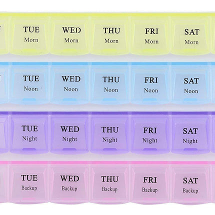 Weekly medicine storage container with 4 rows and easy-to-open compartments.