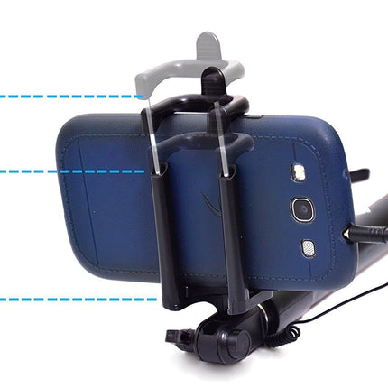 Selfie stick with aux wire and adjustable phone holder.