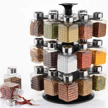 Large 360Â° spice rack with 24 square containers for kitchen use