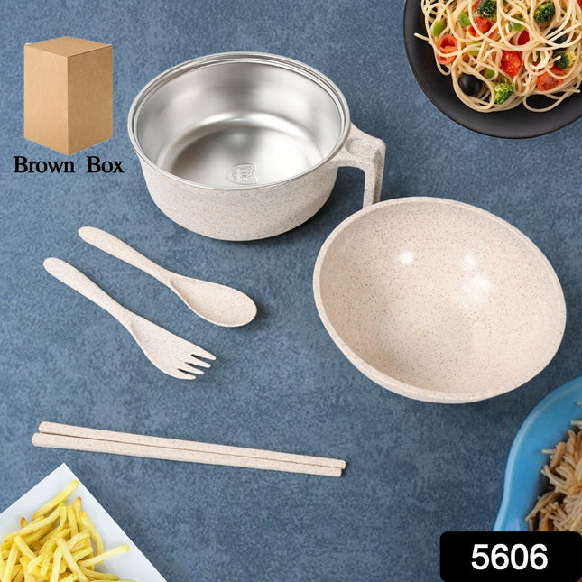 Rice Bowl Noodle Set â€“ 6 Pcs with Lid, Handle & Cutlery
