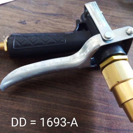 Gold trigger water nozzle for hoses, lever design, durable for long-lasting use.