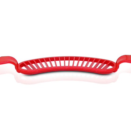 Handle-equipped banana slicer for precise cuts.