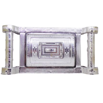 Silver gift box with four sections, featuring a royal design.