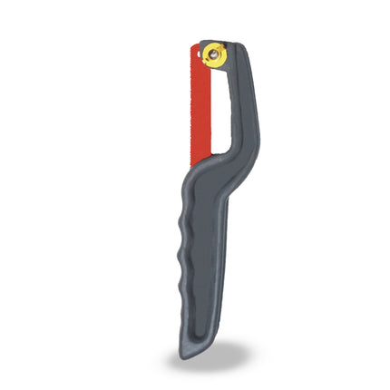 Mini hacksaw with a metal frame and blade
