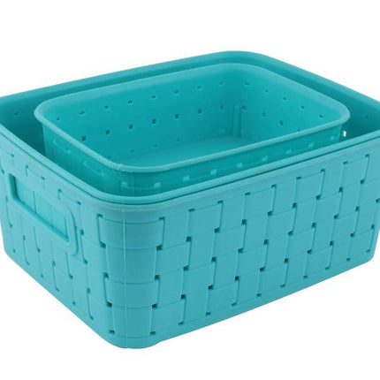 Set of 3 sky blue smart storage baskets.