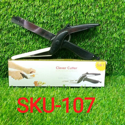 Clever cutter for slicing and dicing, features integrated handle.