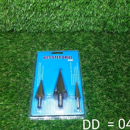 Set of large HSS step cone drills with titanium coating.