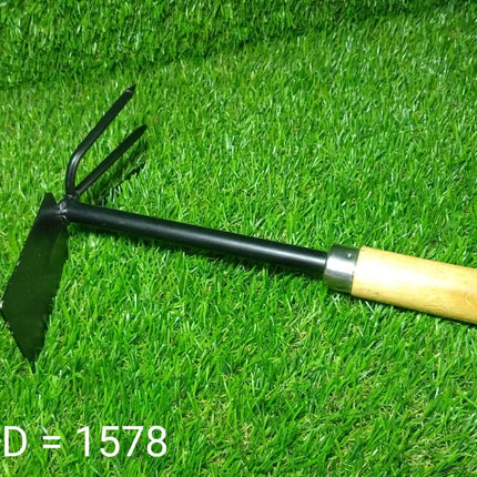 Complete view of double hoe gardening tool with wooden handle.