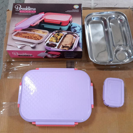 Kids lunch box, pink plastic, with steel plate, school use.