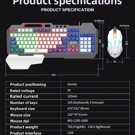 RAIKU T16 Metal Gaming Keyboard and Mouse Set Universal Wired Keyboard for Computers and Phones