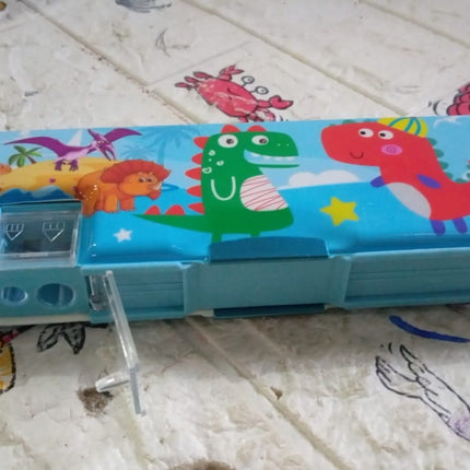 Plastic Multipurpose Compass Box â€“ Double Deck Pencil Case with 2 Compartments & Cartoon Organizer (1 Pc, Mix Design)