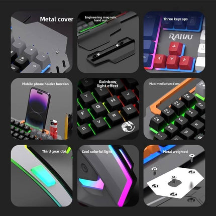 RAIKU T16 Metal Gaming Keyboard and Mouse Set Universal Wired Keyboard for Computers and Phones
